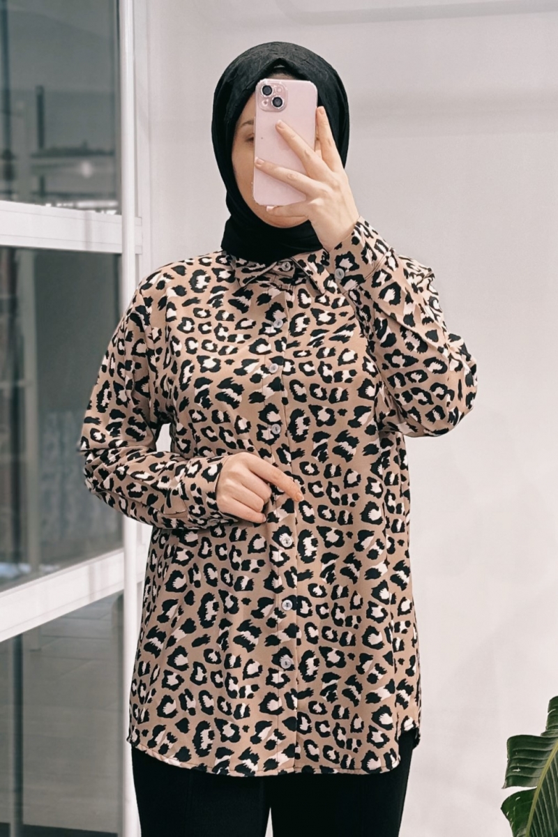 MS241 Leopar Desenli Kahverengi Tunik